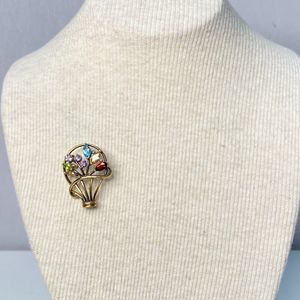 Vintage Basket Of Flowers Brooch 925 Sterling Vermiel With Faceted Gemstones
